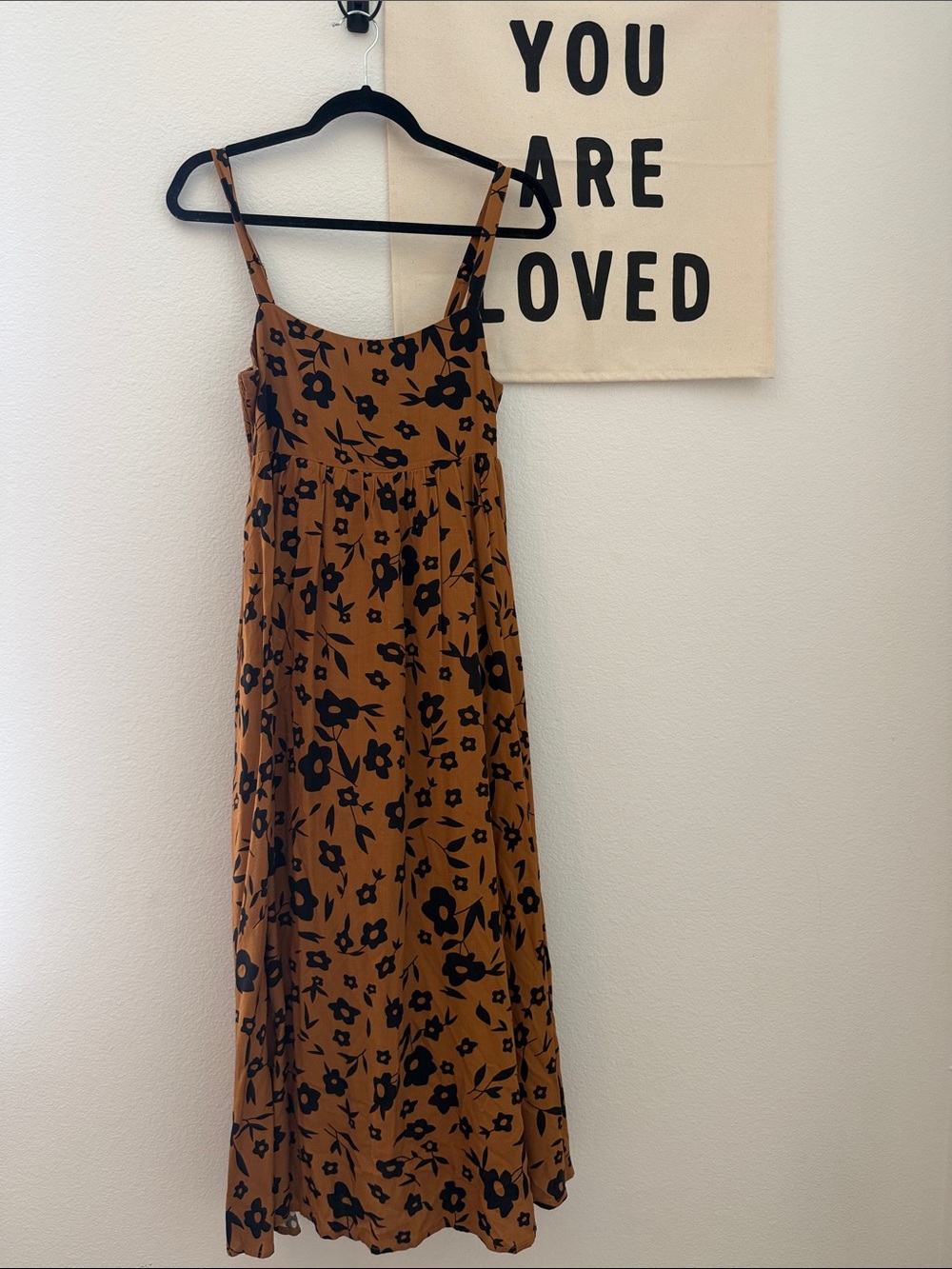 Carly Jean Los Angeles Camel Maxi Dress with Black Floral Print